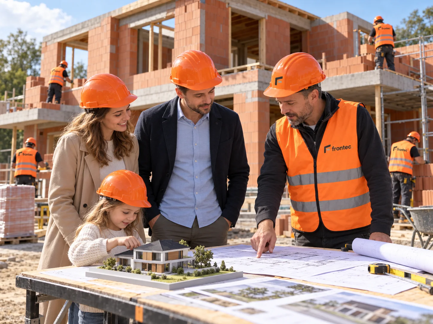 Family and Frontec foreman discuss their new home while a child explores a house model