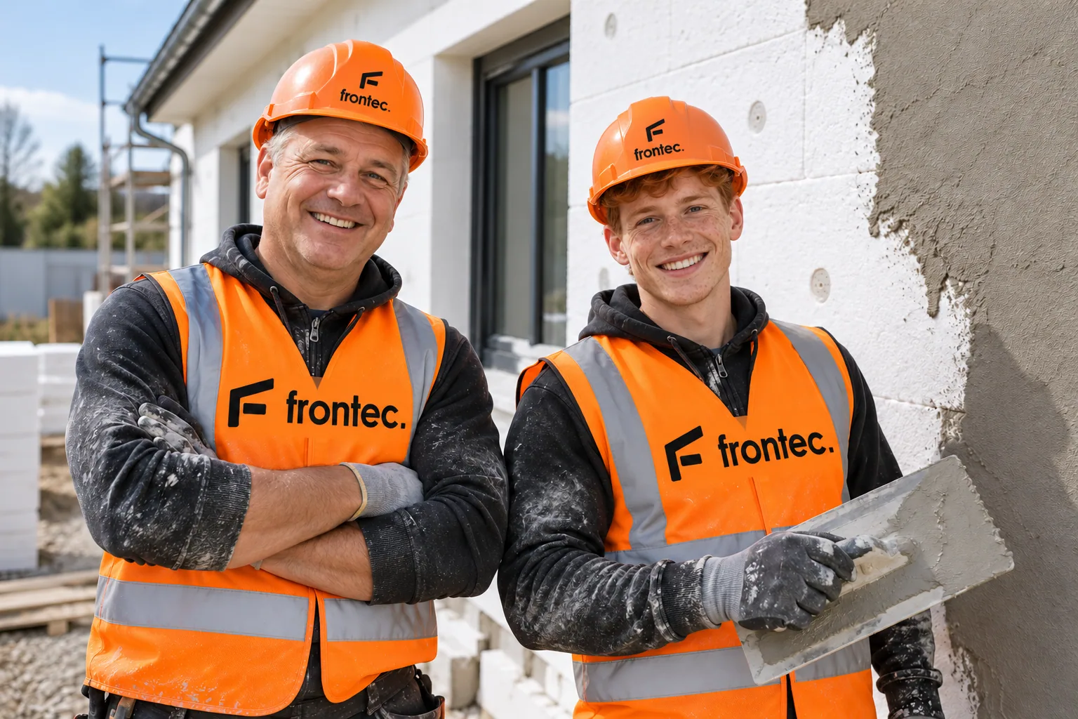 Утеплювачі в помаранчевих жилетах Frontec на будівництві
