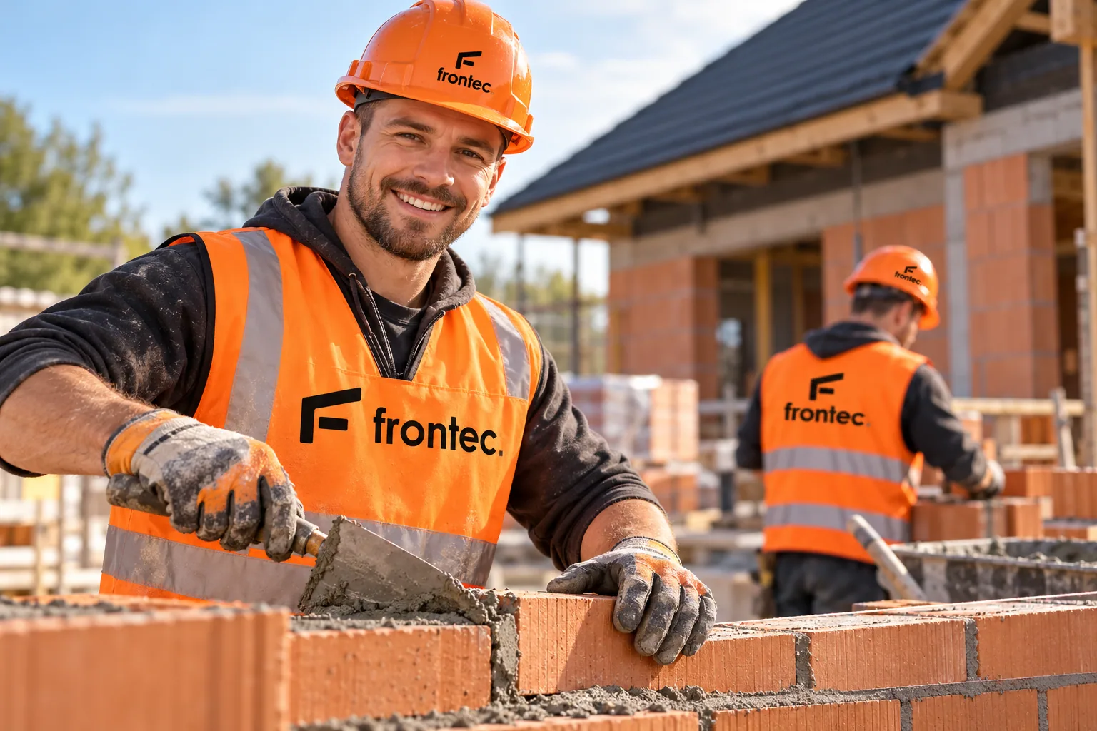 Муляр у помаранчевому жилеті Frontec на будівництві